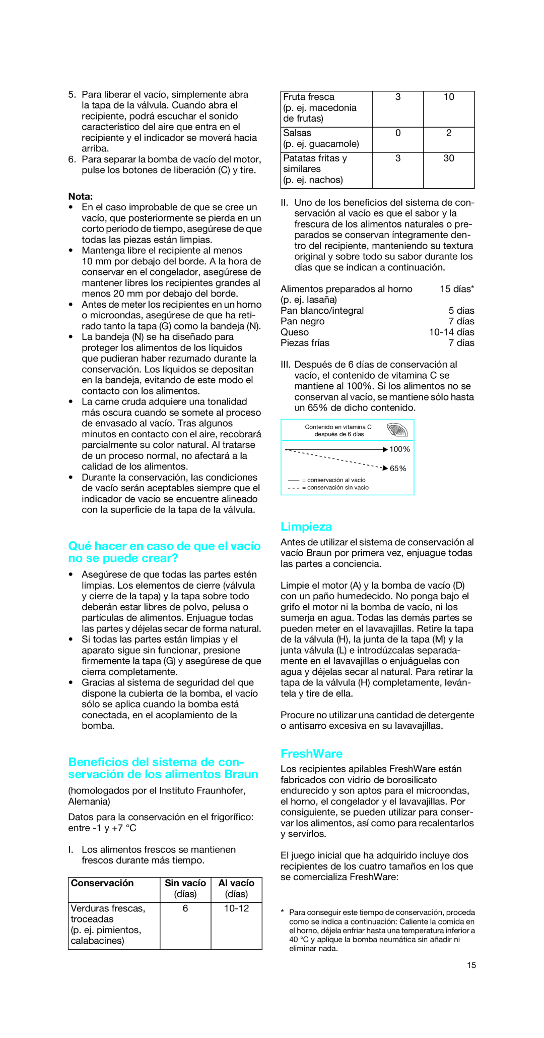 Braun MR 6550 V Qué hacer en caso de que el vacío no se puede crear?, Limpieza, Nota, Conservación Sin vacío Al vacío 