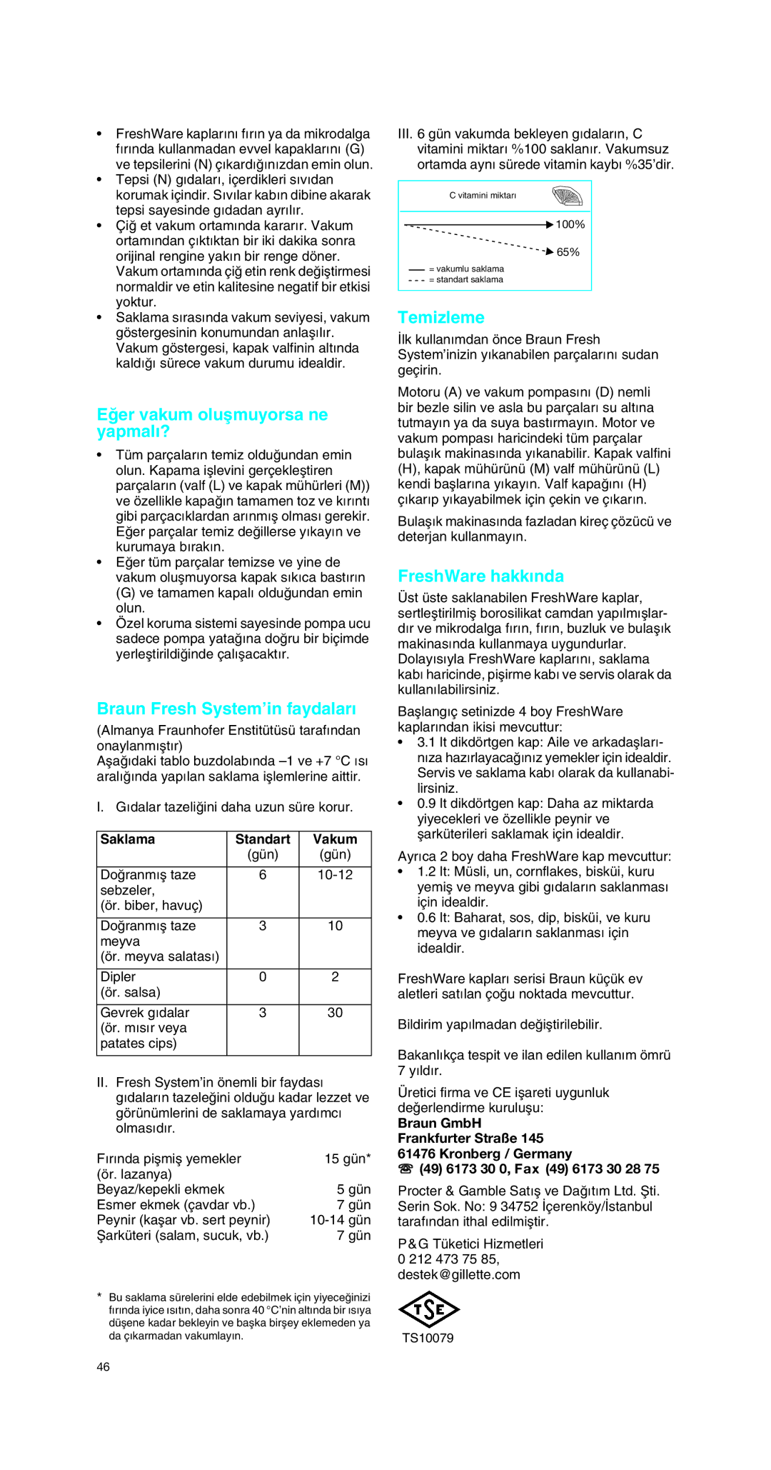 Braun MR 6550 V manual Eπer vakum oluµmuyorsa ne yapmal∂?, Braun Fresh System’in faydalar∂, Temizleme, FreshWare hakk∂nda 