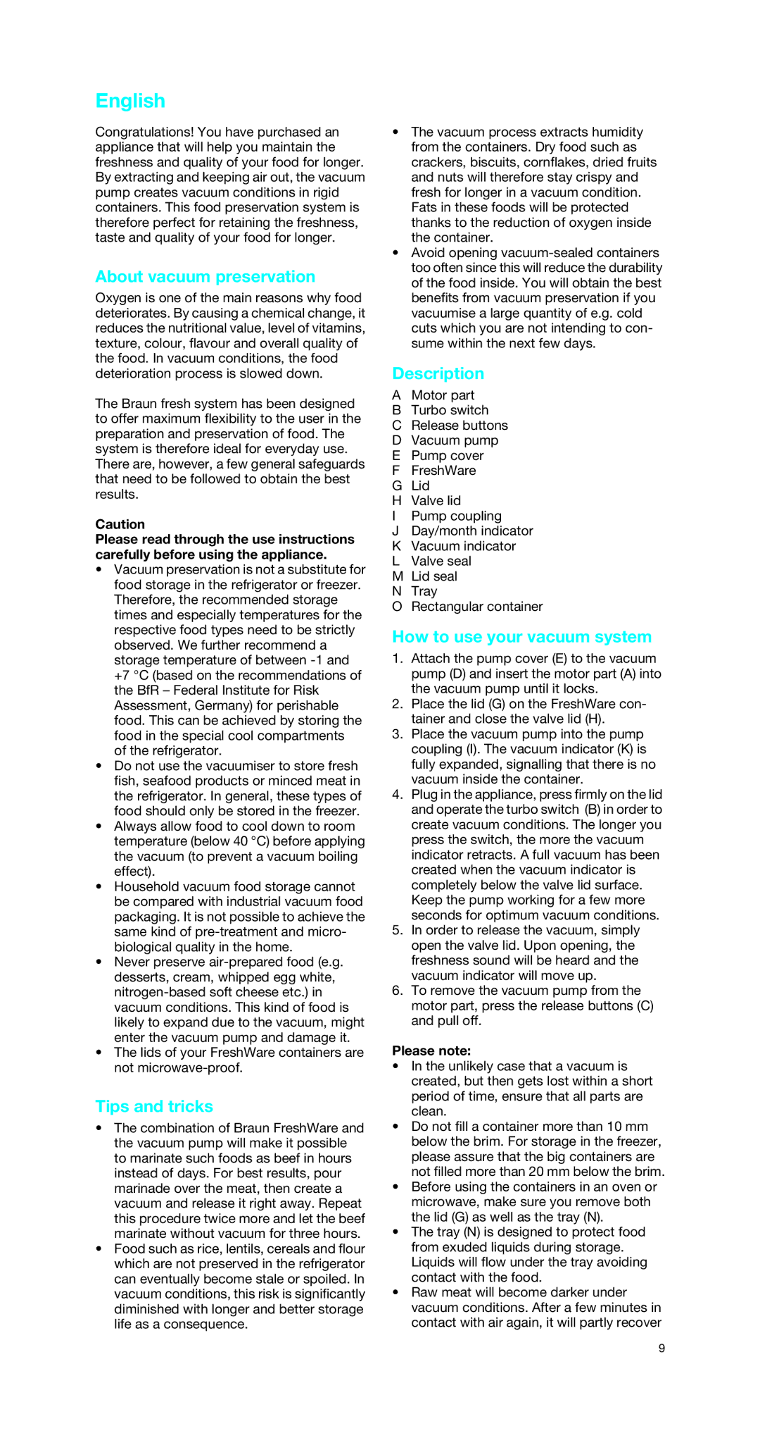 Braun MR 6550 V manual English, About vacuum preservation, Tips and tricks, Description, How to use your vacuum system 