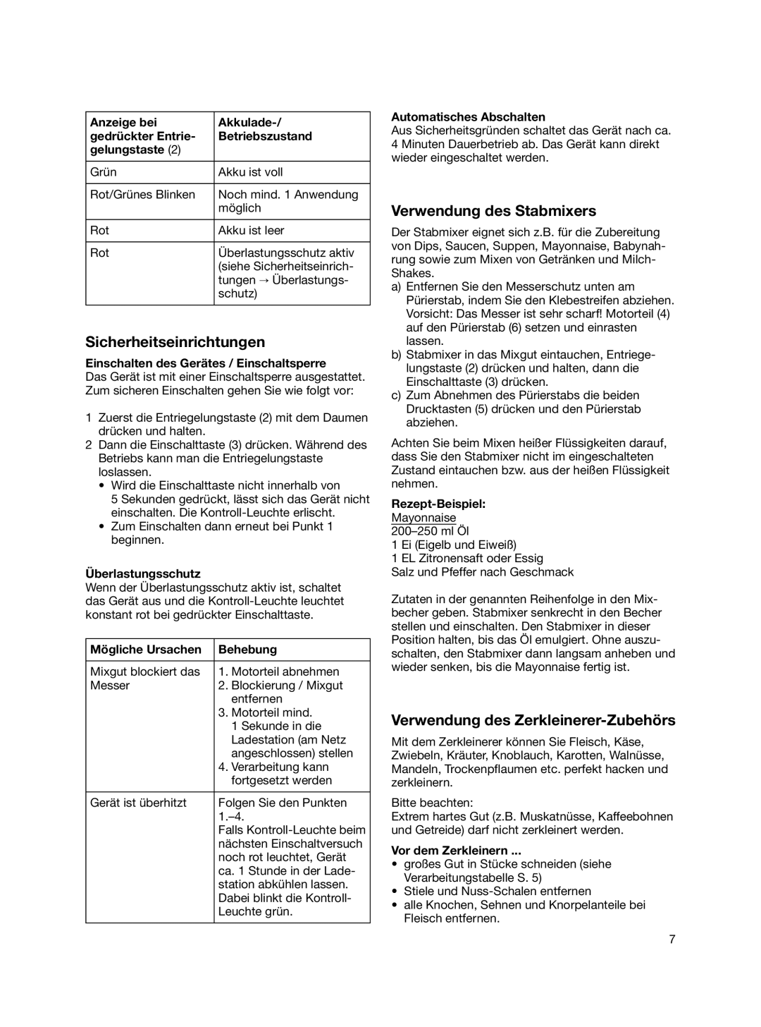 Braun MR 740 CC manual Sicherheitseinrichtungen, Verwendung des Stabmixers, Verwendung des Zerkleinerer-Zubehörs 