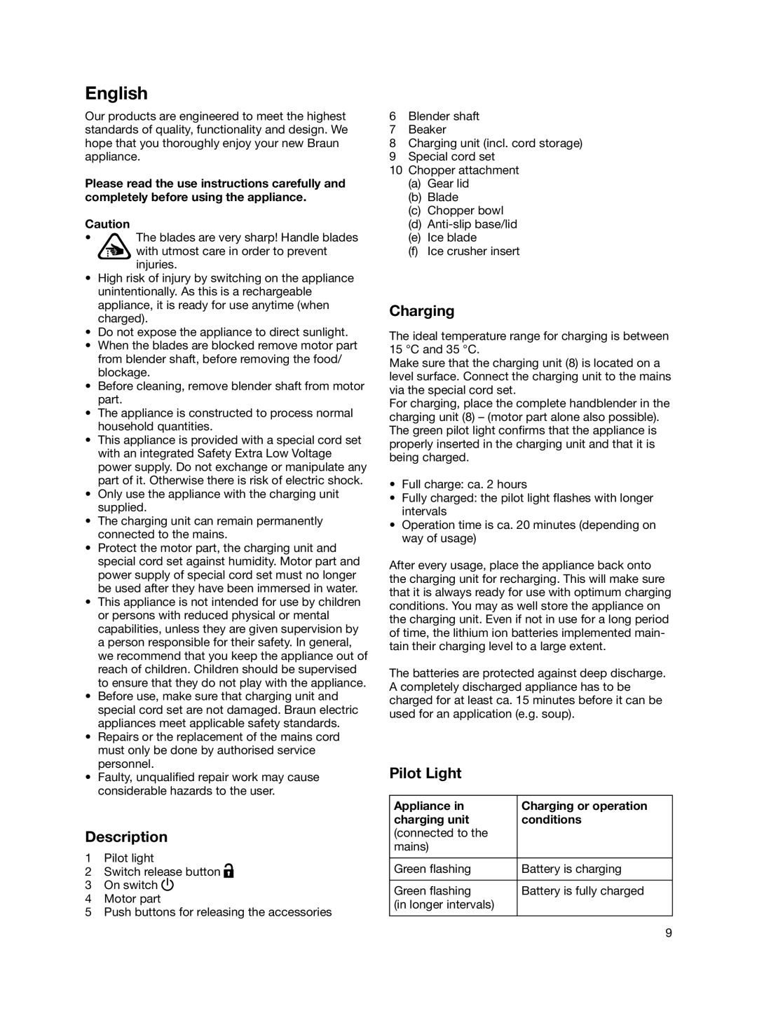 Braun MR 740 CC manual English, Description, Pilot Light, Appliance Charging or operation Charging unit Conditions 