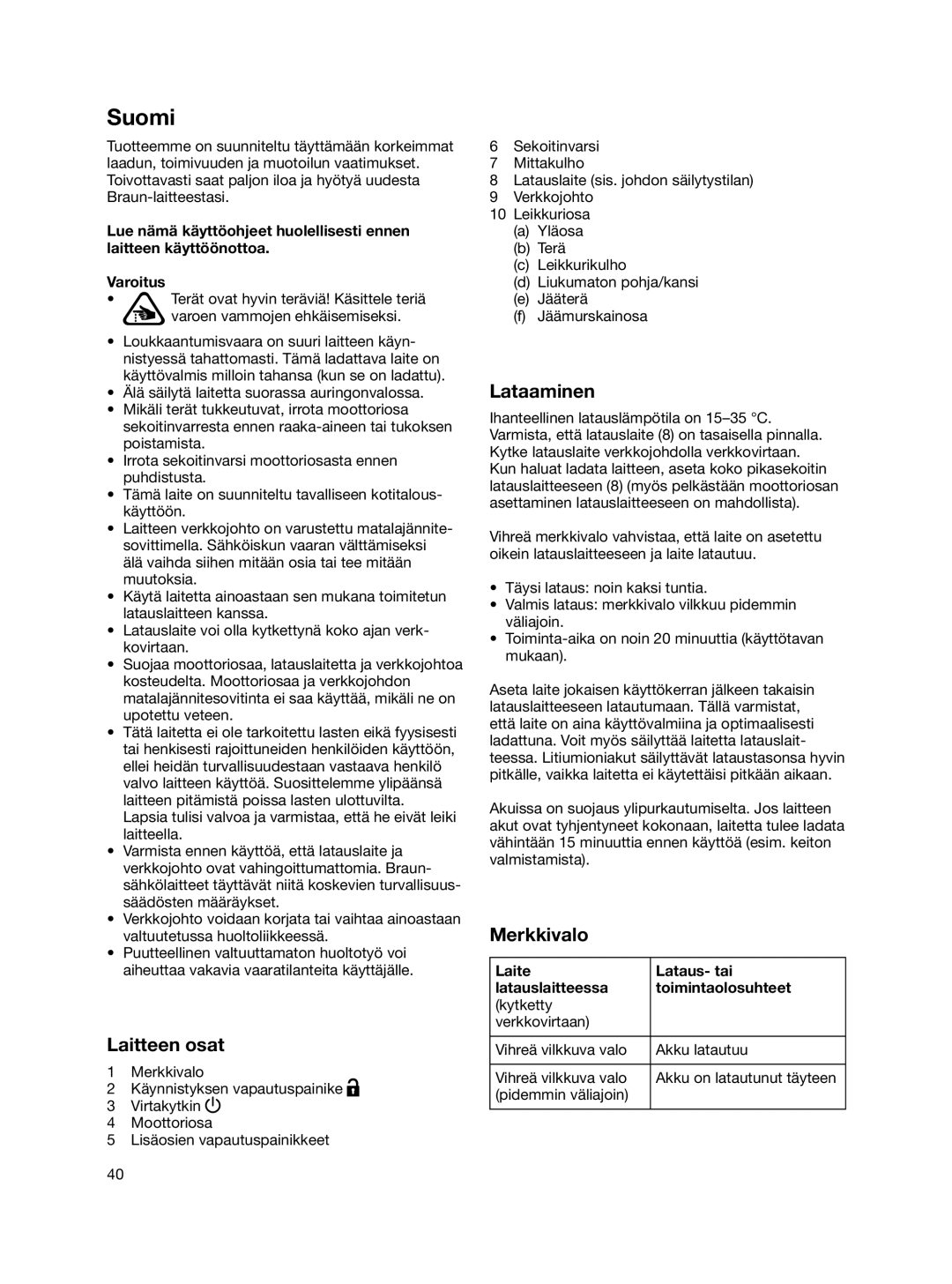 Braun MR 740 CC manual Suomi, Laitteen osat, Lataaminen, Merkkivalo 