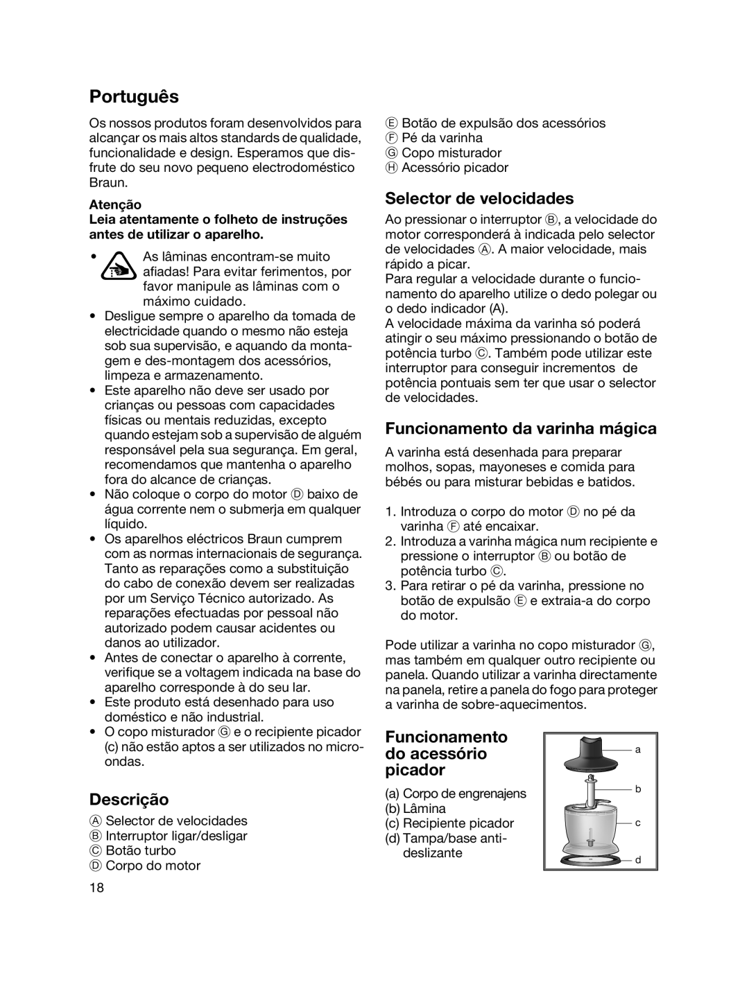 Braun MR700 manual Português, Funcionamento da varinha mágica, Descrição, Funcionamento do acessório picador 