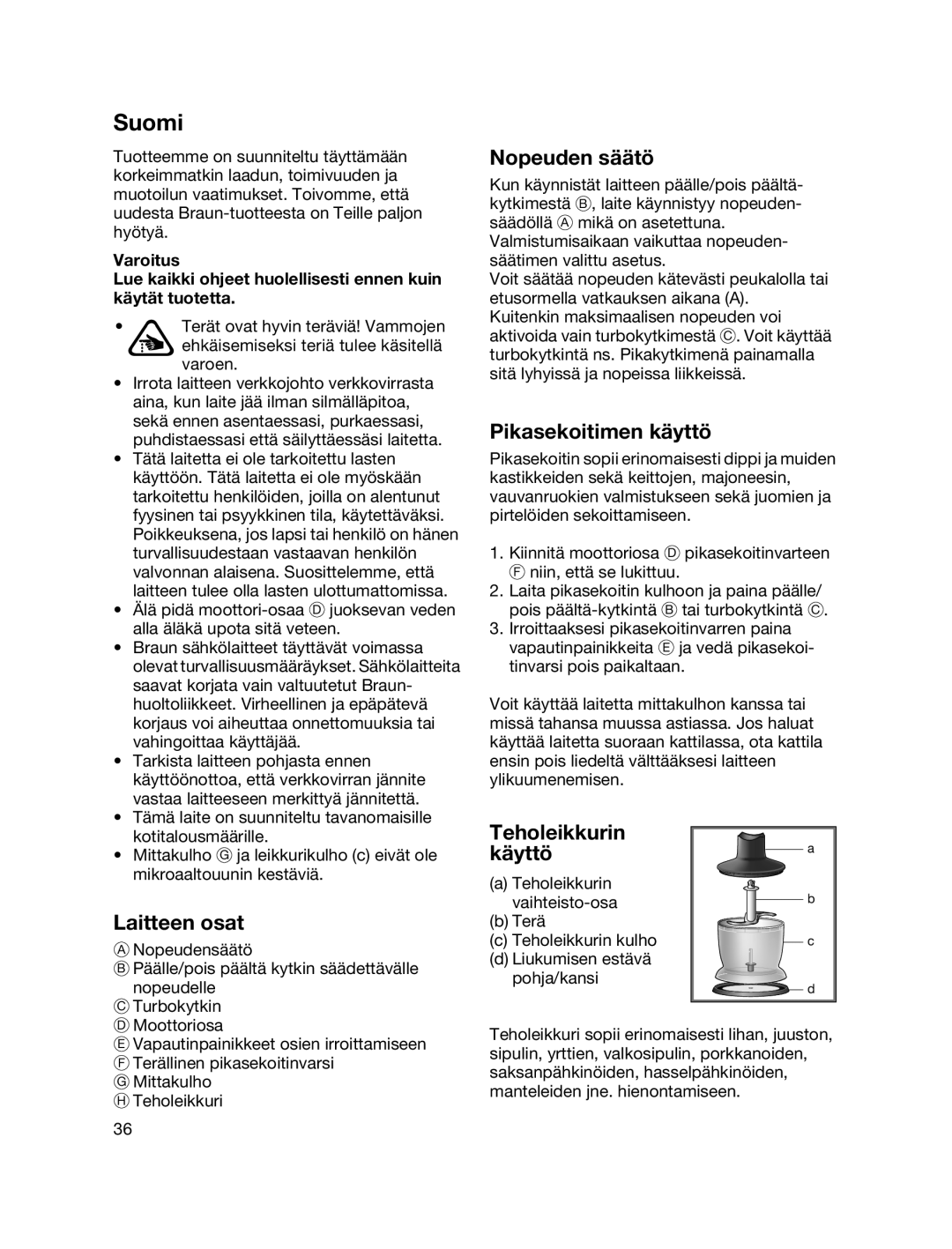 Braun MR700 manual Suomi, Nopeuden säätö, Pikasekoitimen käyttö, Laitteen osat, Teholeikkurin käyttö 