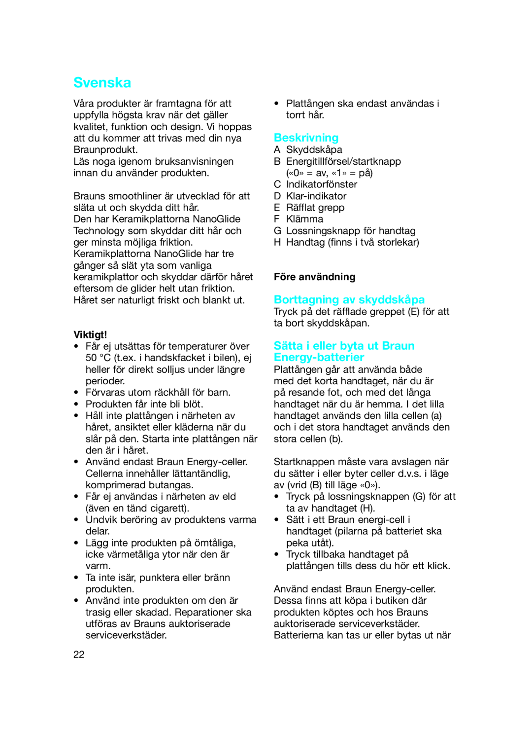 Braun MS 1 manual Svenska, Beskrivning, Borttagning av skyddskåpa, Sätta i eller byta ut Braun Energy-batterier 