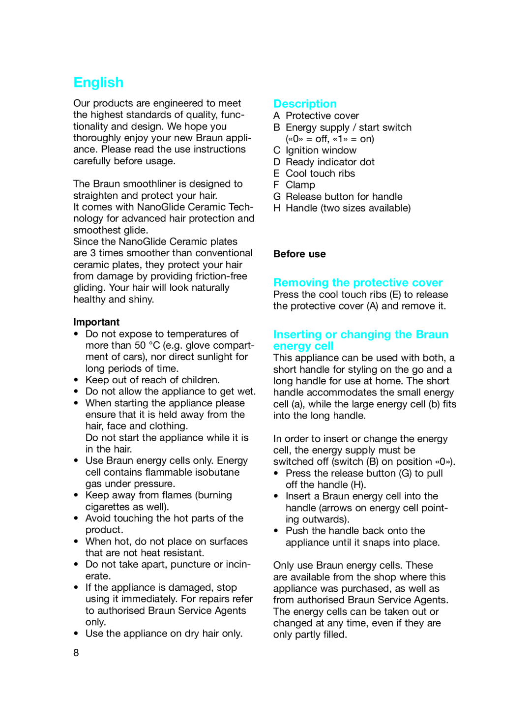 Braun MS 1 English, Description, Removing the protective cover, Inserting or changing the Braun energy cell, Before use 