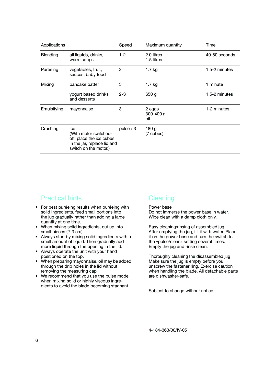 Braun MX 2000 manual Practical hints, Cleaning 