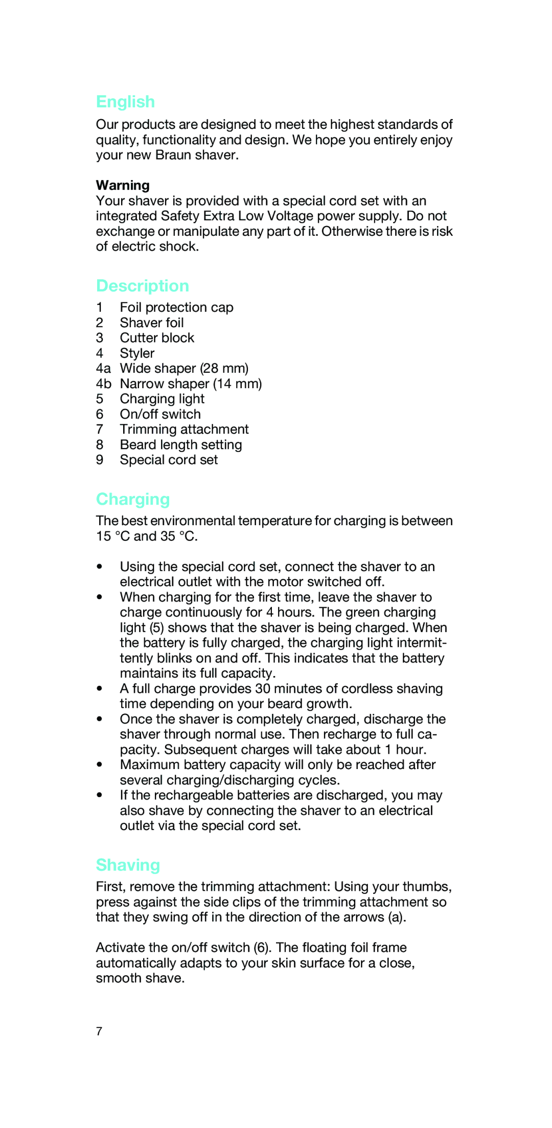 Braun MX392 manual English, Description, Charging, Shaving 