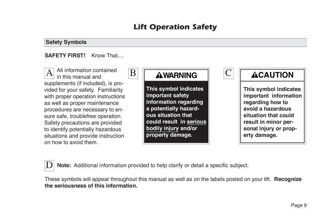 Braun NL Series manual Lift Operation Safety, Safety Symbols Safety FIRST! Know That 