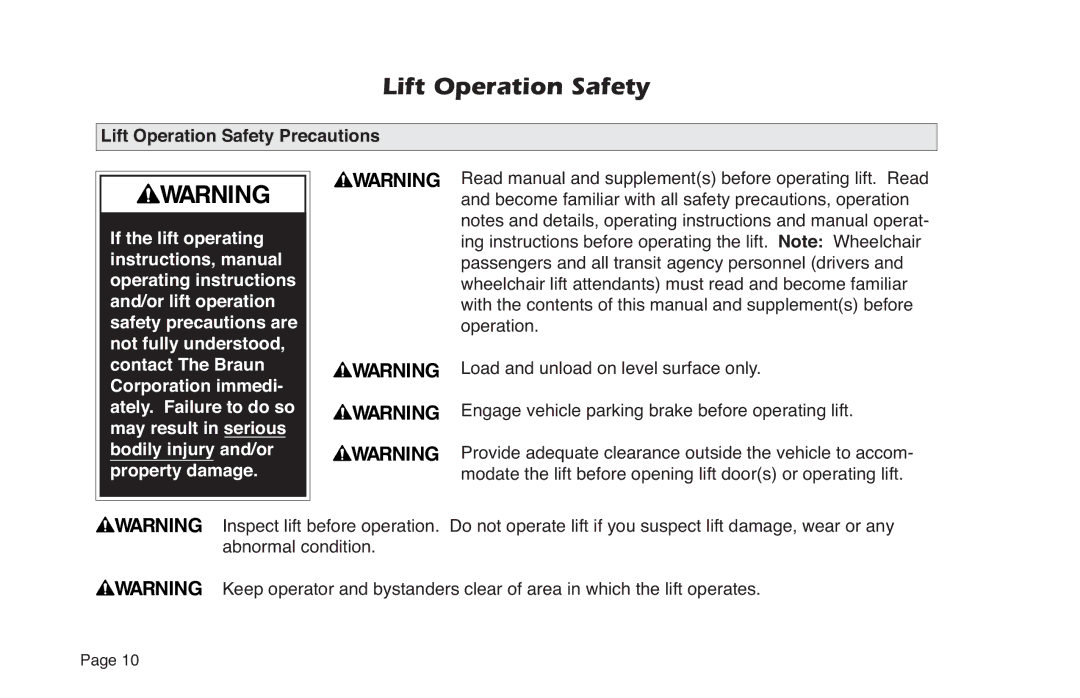 Braun NL Series manual Lift Operation Safety Precautions 