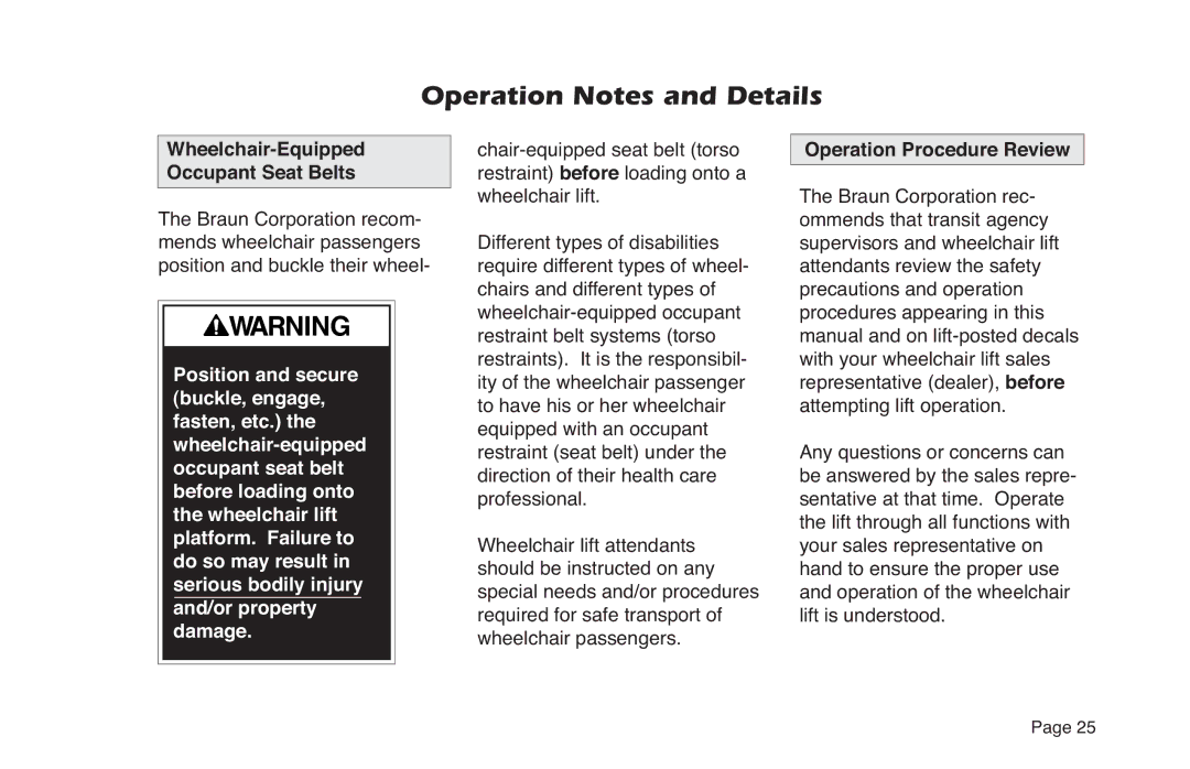 Braun NL Series manual Wheelchair-Equipped Occupant Seat Belts, Operation Procedure Review 