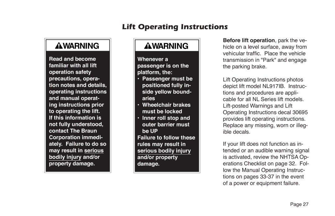 Braun NL Series manual Lift Operating Instructions 