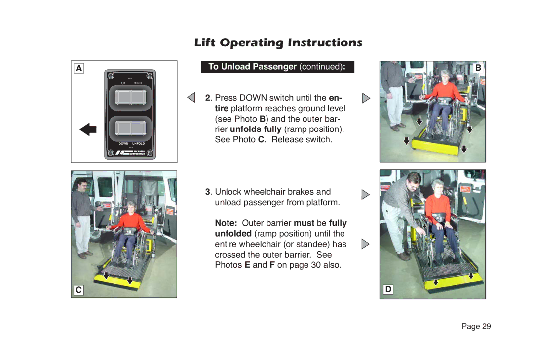 Braun NL Series manual Unlock wheelchair brakes and unload passenger from platform 