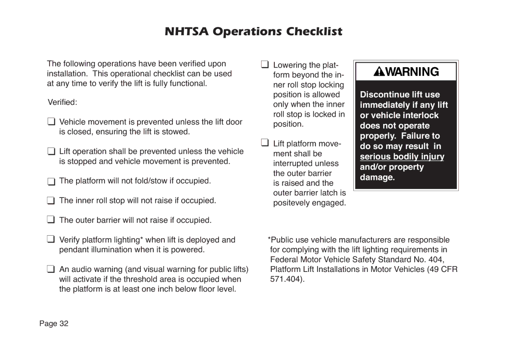 Braun NL Series manual Nhtsa Operations Checklist, 9HULÀHG 