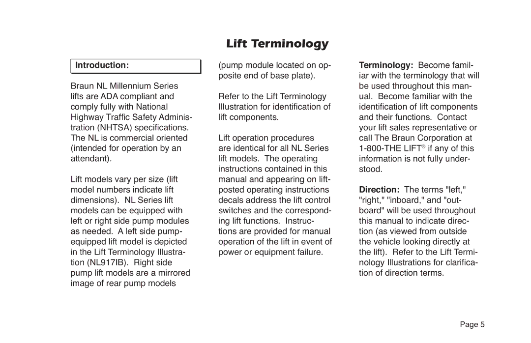 Braun NL Series manual Lift Terminology, Introduction 