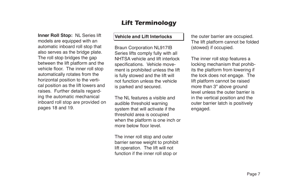 Braun NL Series manual Vehicle and Lift Interlocks 