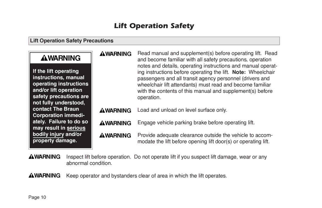 Braun NL955 manual Lift Operation Safety Precautions 