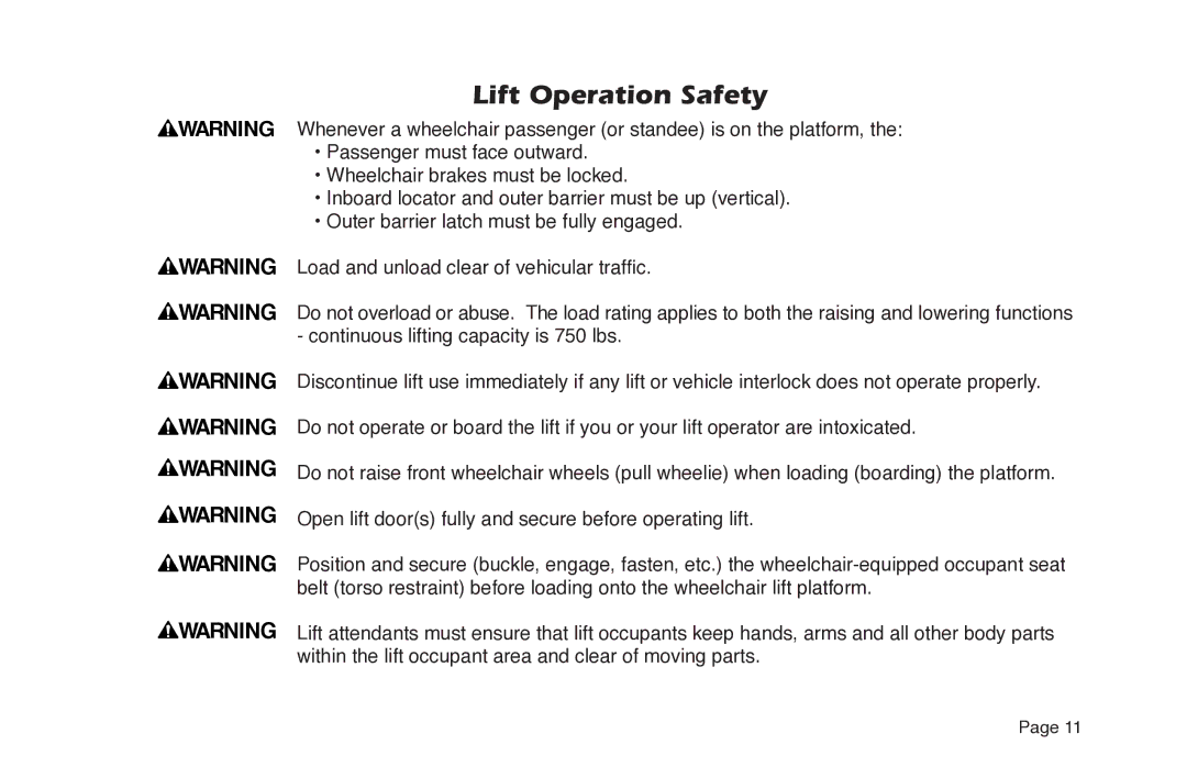 Braun NL955 manual Lift Operation Safety 