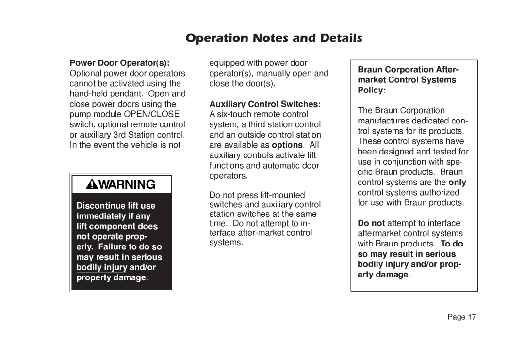 Braun NL955 manual Auxiliary Control Switches, Braun Corporation After- market Control Systems Policy 