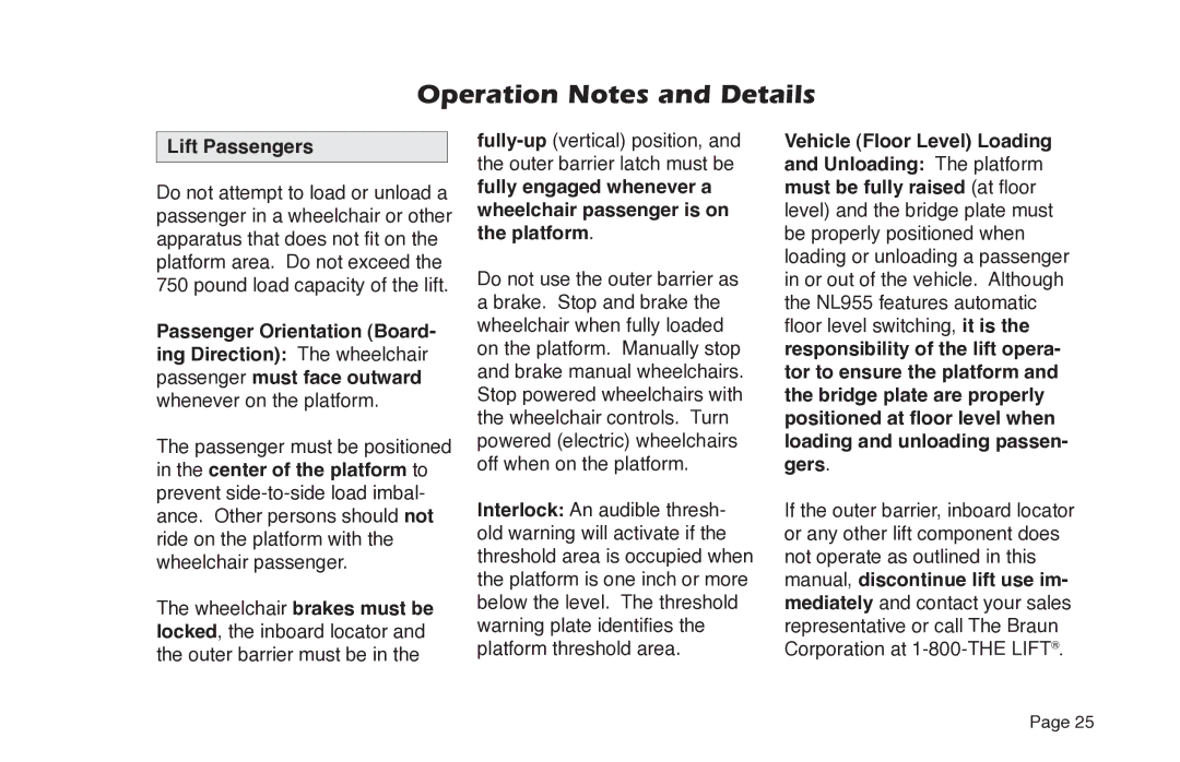 Braun NL955 manual Lift Passengers 