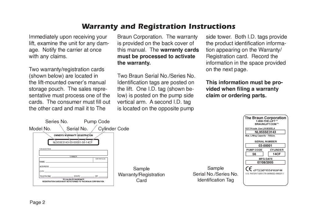 Braun NL955 manual Warranty and Registration Instructions, Series No Pump Code 