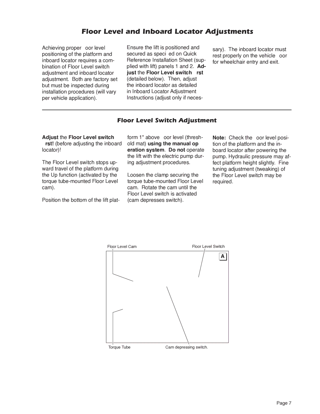 Braun NUVL603C service manual Floor Level and Inboard Locator Adjustments, Floor Level Switch Adjustment 