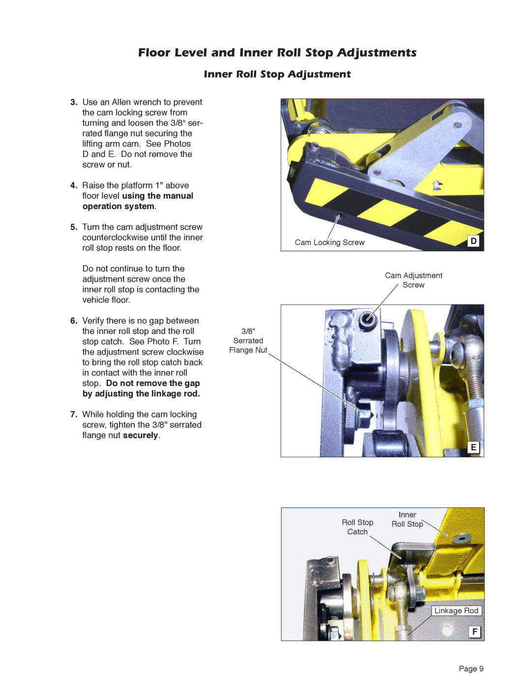 Braun NUVL855RM24 service manual Floor Level and Inner Roll Stop Adjustments 