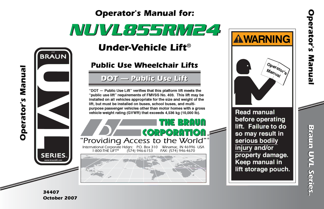 Braun NUVL855RM24 manual Under-Vehicle Lift 