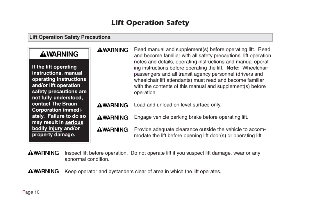 Braun NUVL855RM24 manual Lift Operation Safety Precautions 