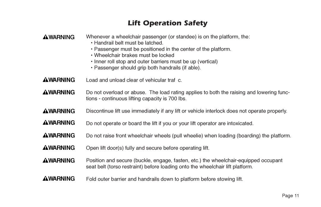 Braun NUVL855RM24 manual Lift Operation Safety 