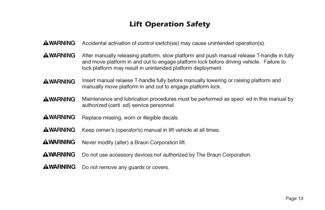 Braun NUVL855RM24 manual Lift Operation Safety 