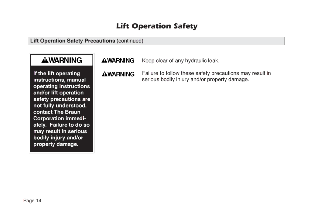 Braun NUVL855RM24 manual Lift Operation Safety 