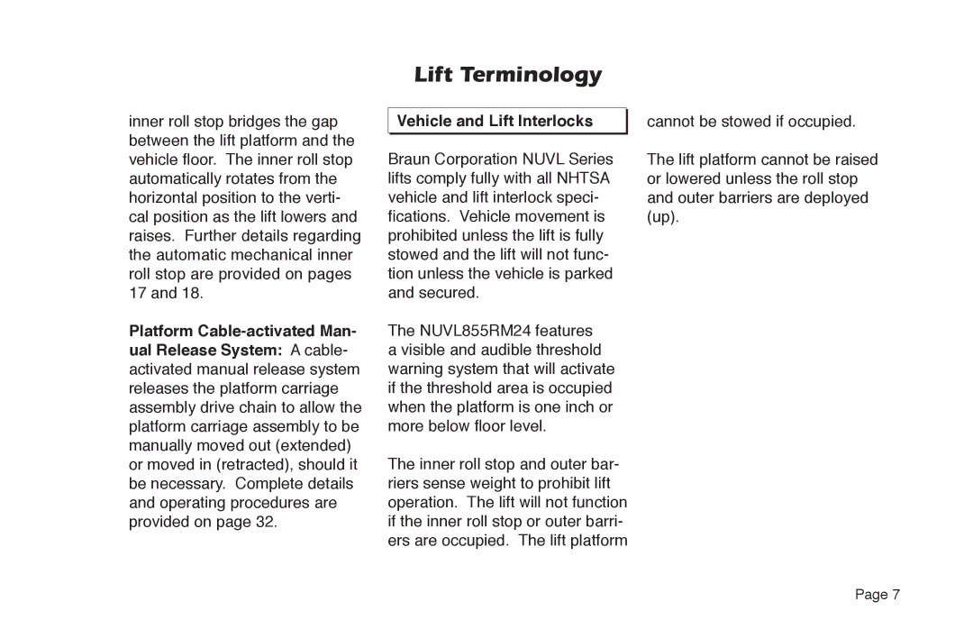 Braun NUVL855RM24 manual Vehicle and Lift Interlocks 