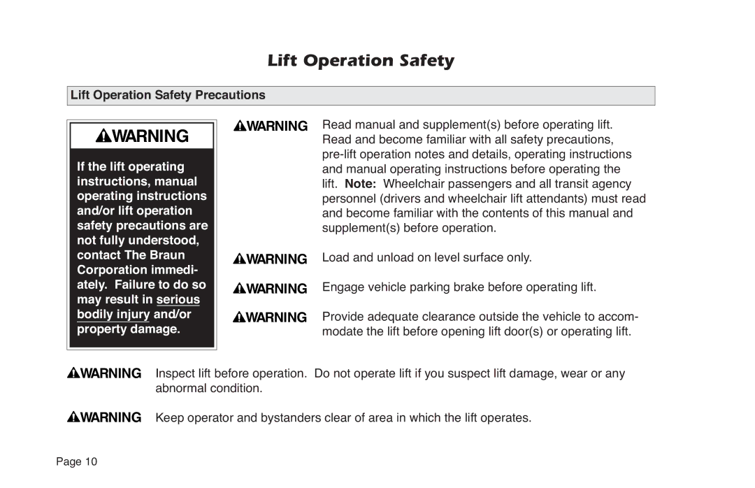 Braun NVL SERIES manual Lift Operation Safety Precautions 