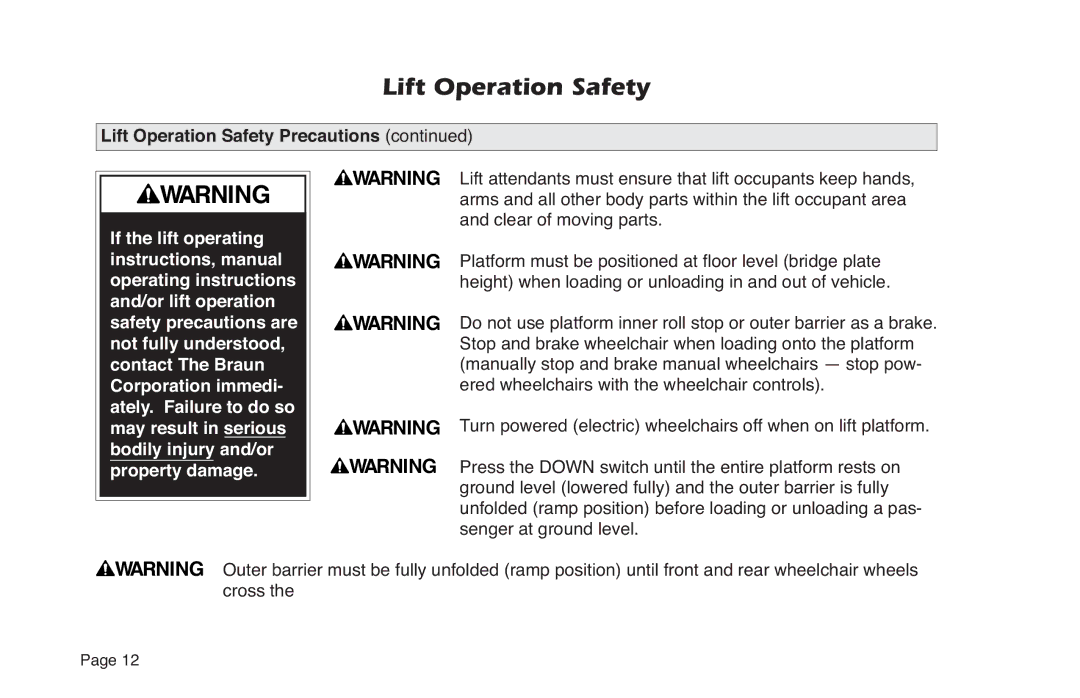 Braun NVL SERIES manual Lift Operation Safety 