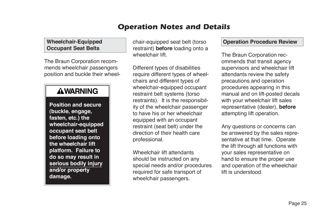 Braun NVL SERIES manual Wheelchair-Equipped Occupant Seat Belts, Operation Procedure Review 