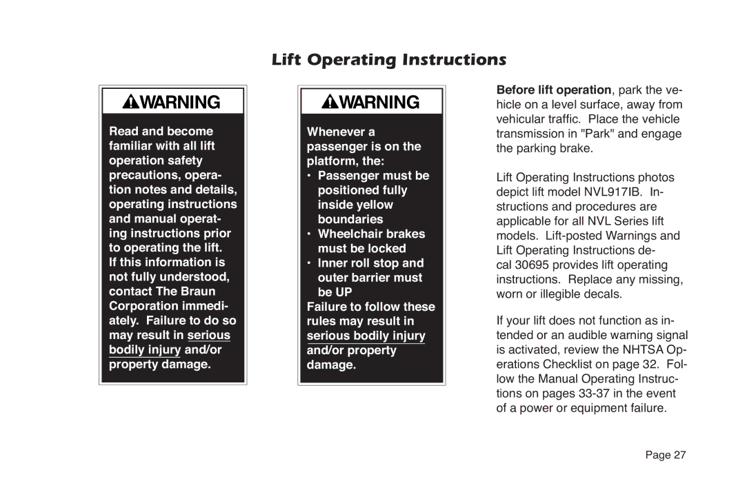 Braun NVL SERIES manual Lift Operating Instructions 