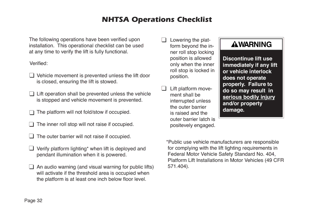 Braun NVL SERIES manual Nhtsa Operations Checklist, 9HULÀHG 