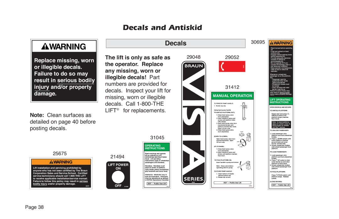 Braun NVL SERIES manual Decals and Antiskid, Lift is only as safe as 