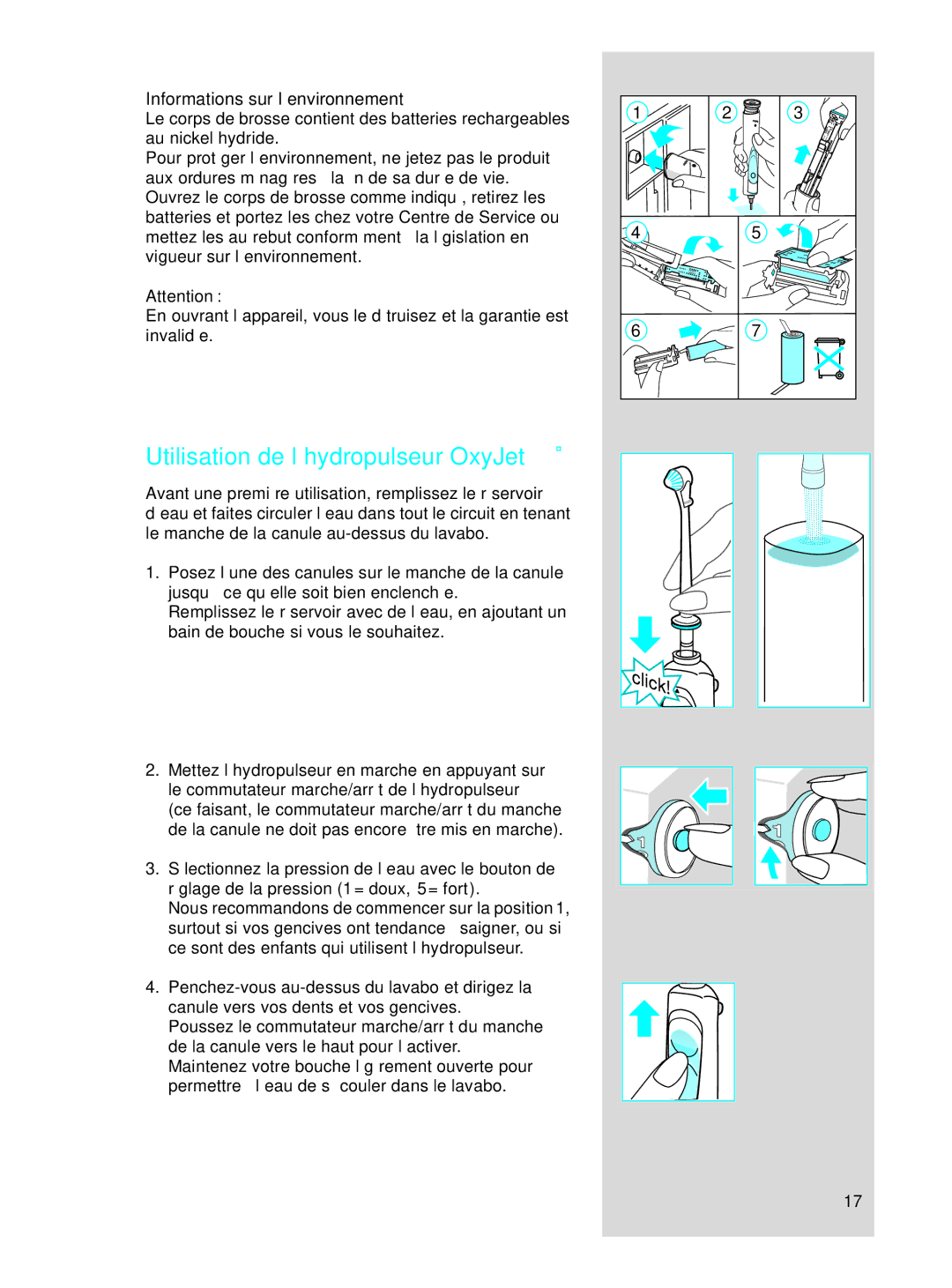 Braun OC17525, OC 17545X manual Utilisation de l’hydropulseur OxyJet, Informations sur l’environnement 