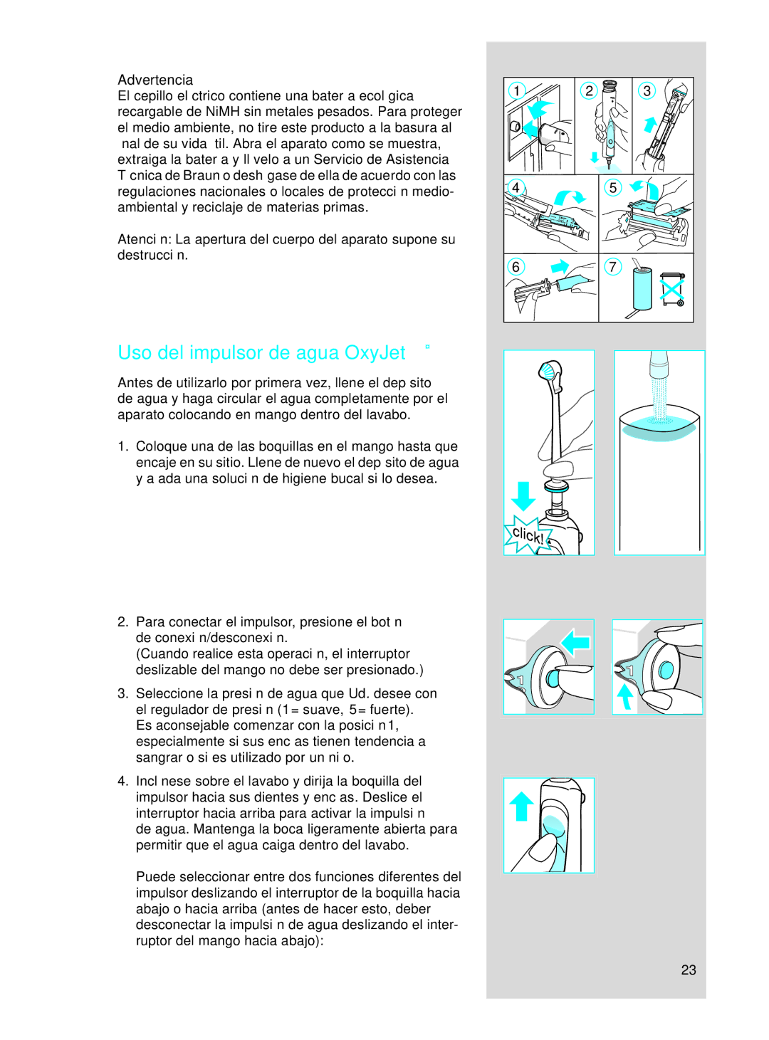 Braun OC17525, OC 17545X manual Uso del impulsor de agua OxyJet, Advertencia 