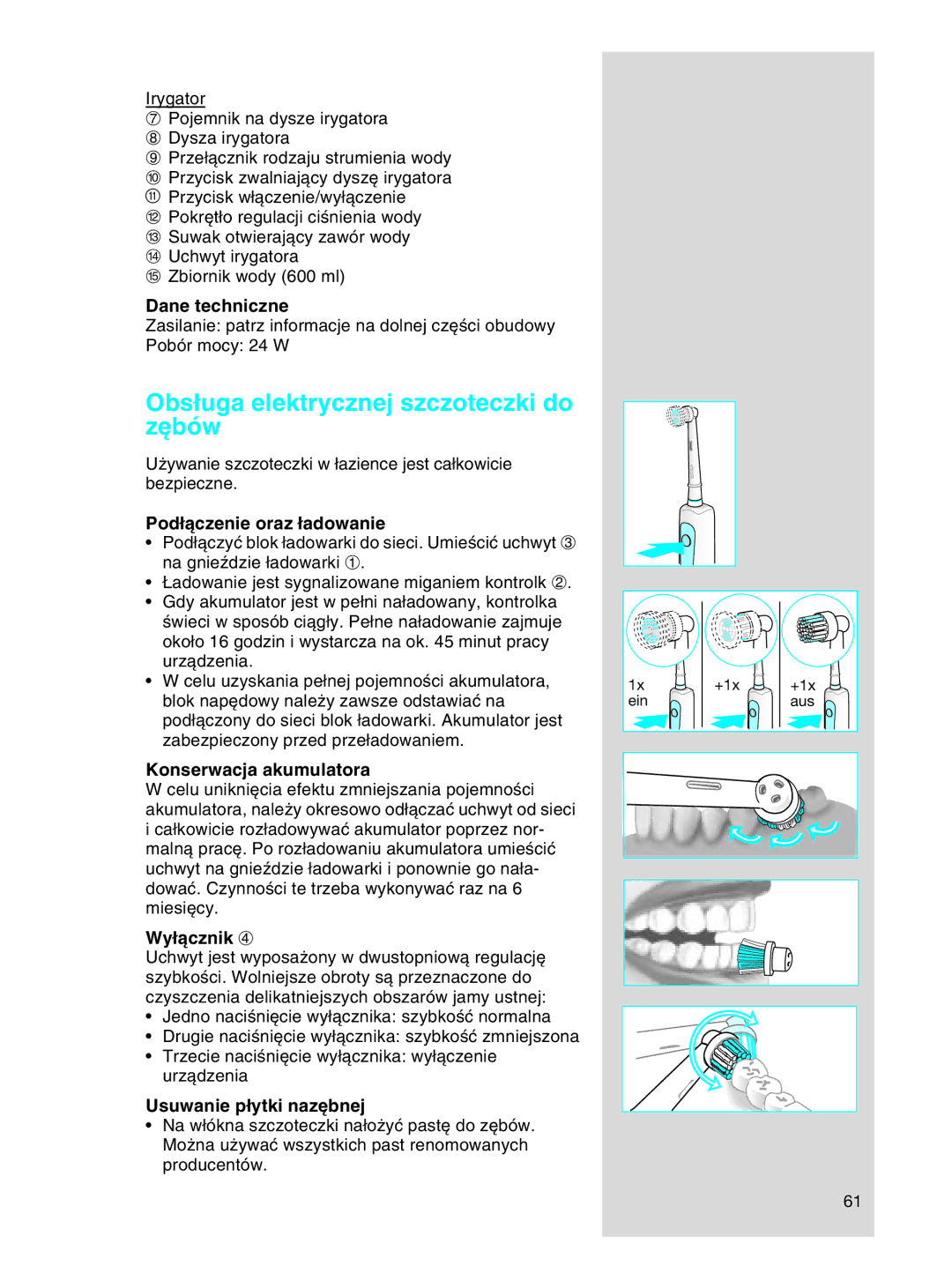 Braun OC17525, OC 17545X manual Obs∏uga elektrycznej szczoteczki do z´bów 