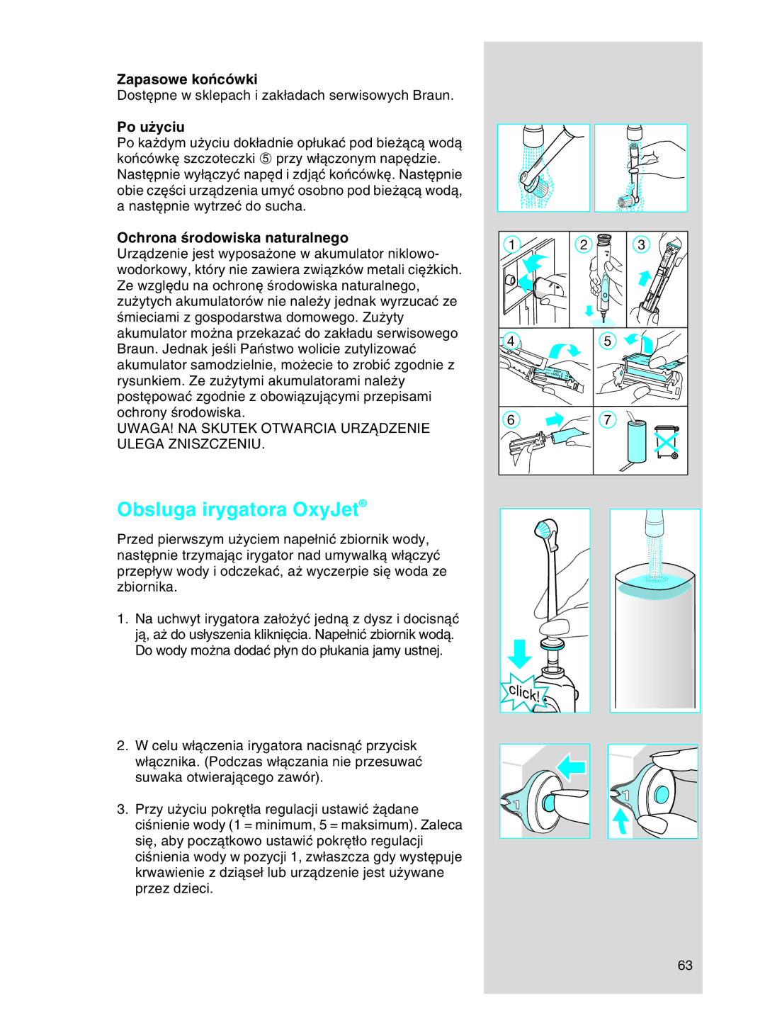 Braun OC17525, OC 17545X manual Obsluga irygatora OxyJet, Zapasowe koƒcówki, Po u˝yciu, Ochrona Êrodowiska naturalnego 