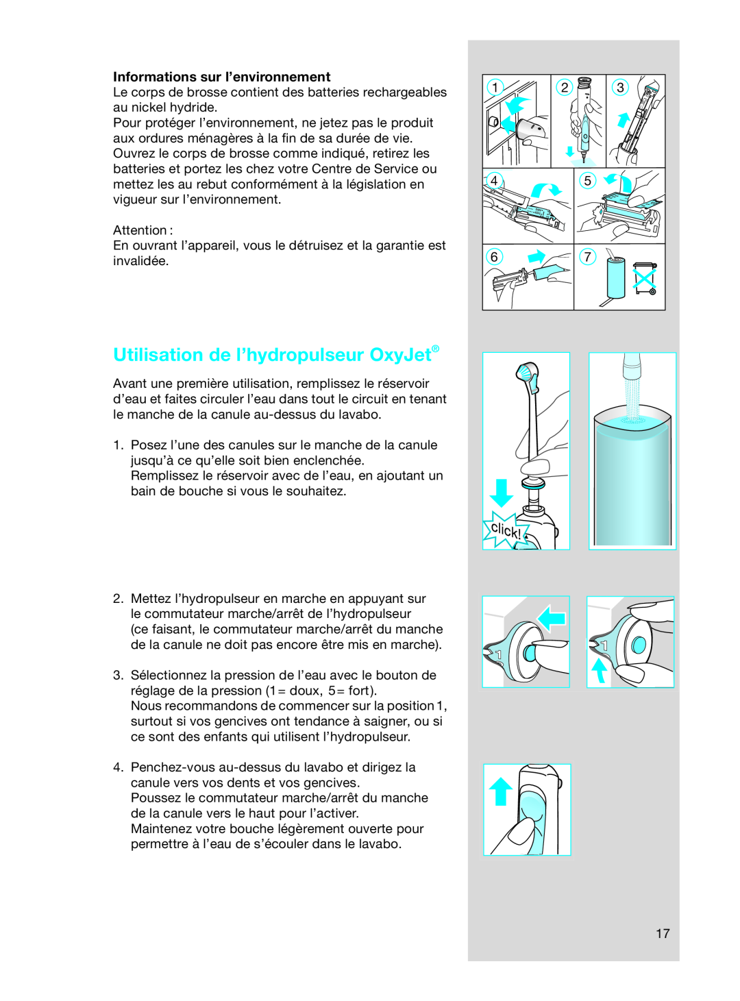 Braun OC17525, OC 17545X manual Utilisation de l’hydropulseur OxyJet, Informations sur l’environnement 