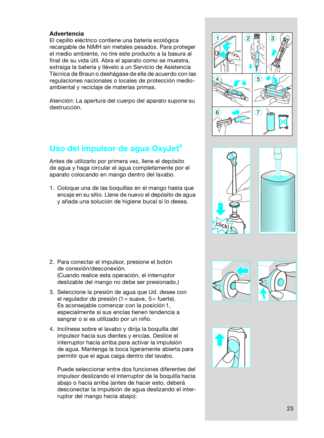 Braun OC17525, OC 17545X manual Uso del impulsor de agua OxyJet, Advertencia 