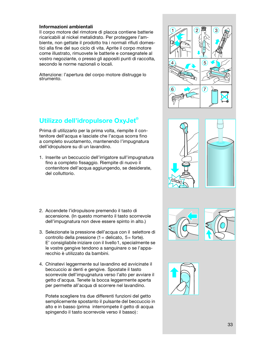 Braun OC17525, OC 17545X manual Utilizzo dell’idropulsore OxyJet, Informazioni ambientali 