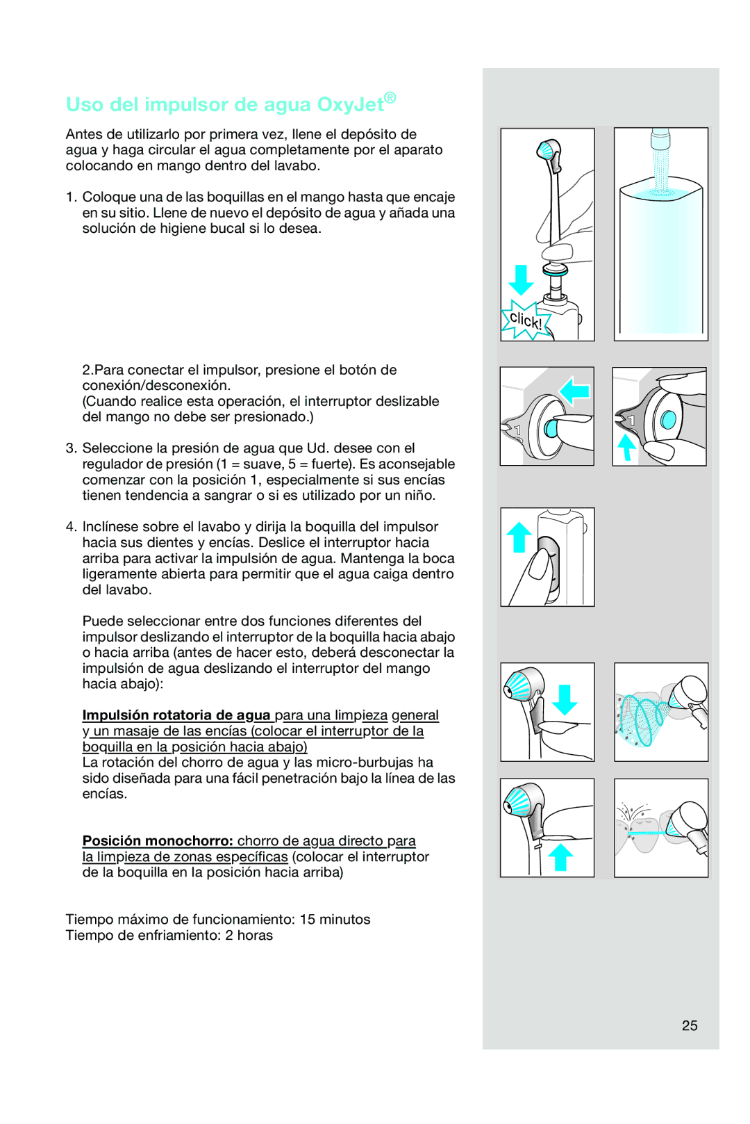 Braun OC15 525 X manual Uso del impulsor de agua OxyJet 