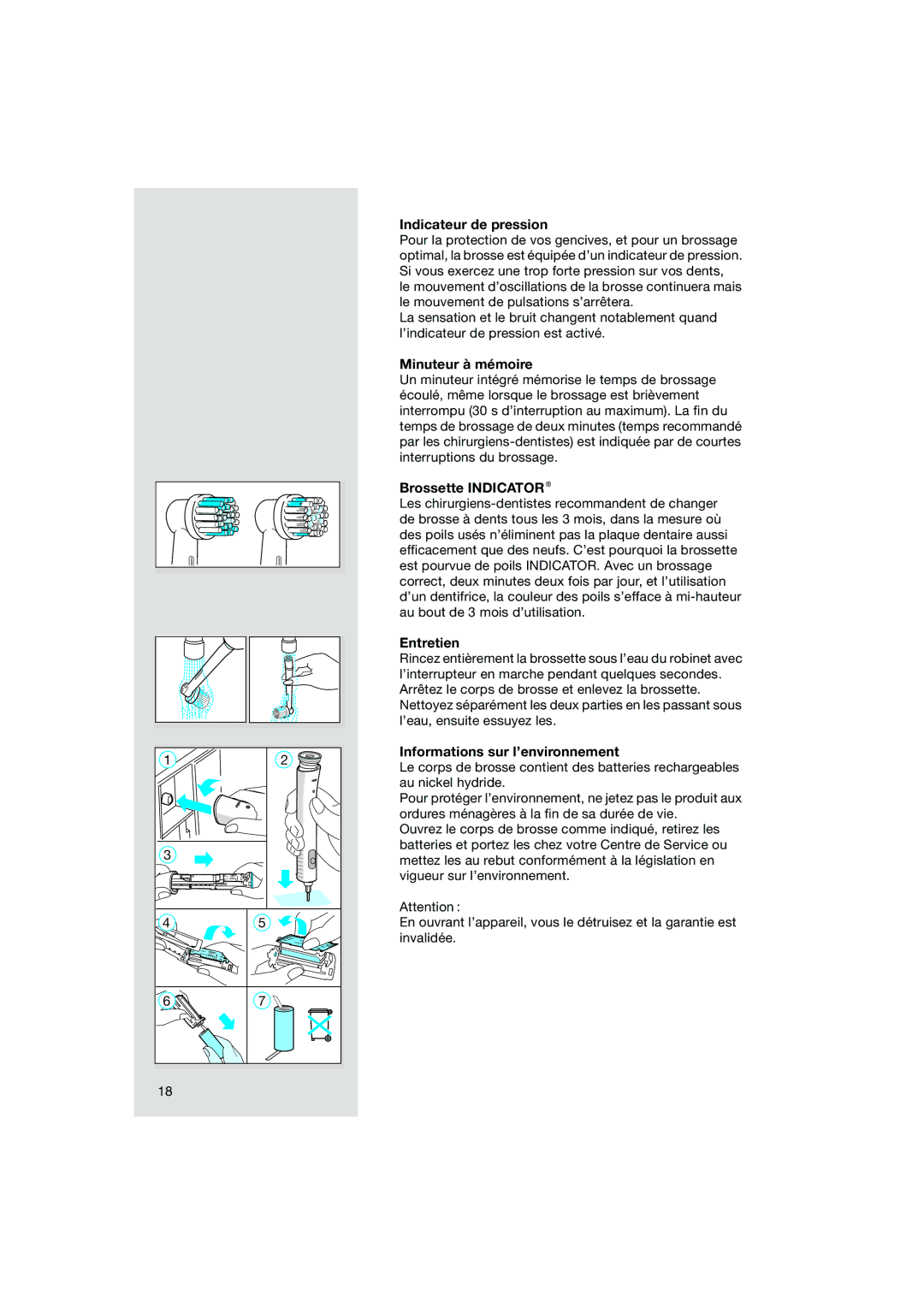 Braun OC15 545 X, OC15 525 manual Indicateur de pression, Minuteur à mémoire, Brossette Indicator, Entretien 