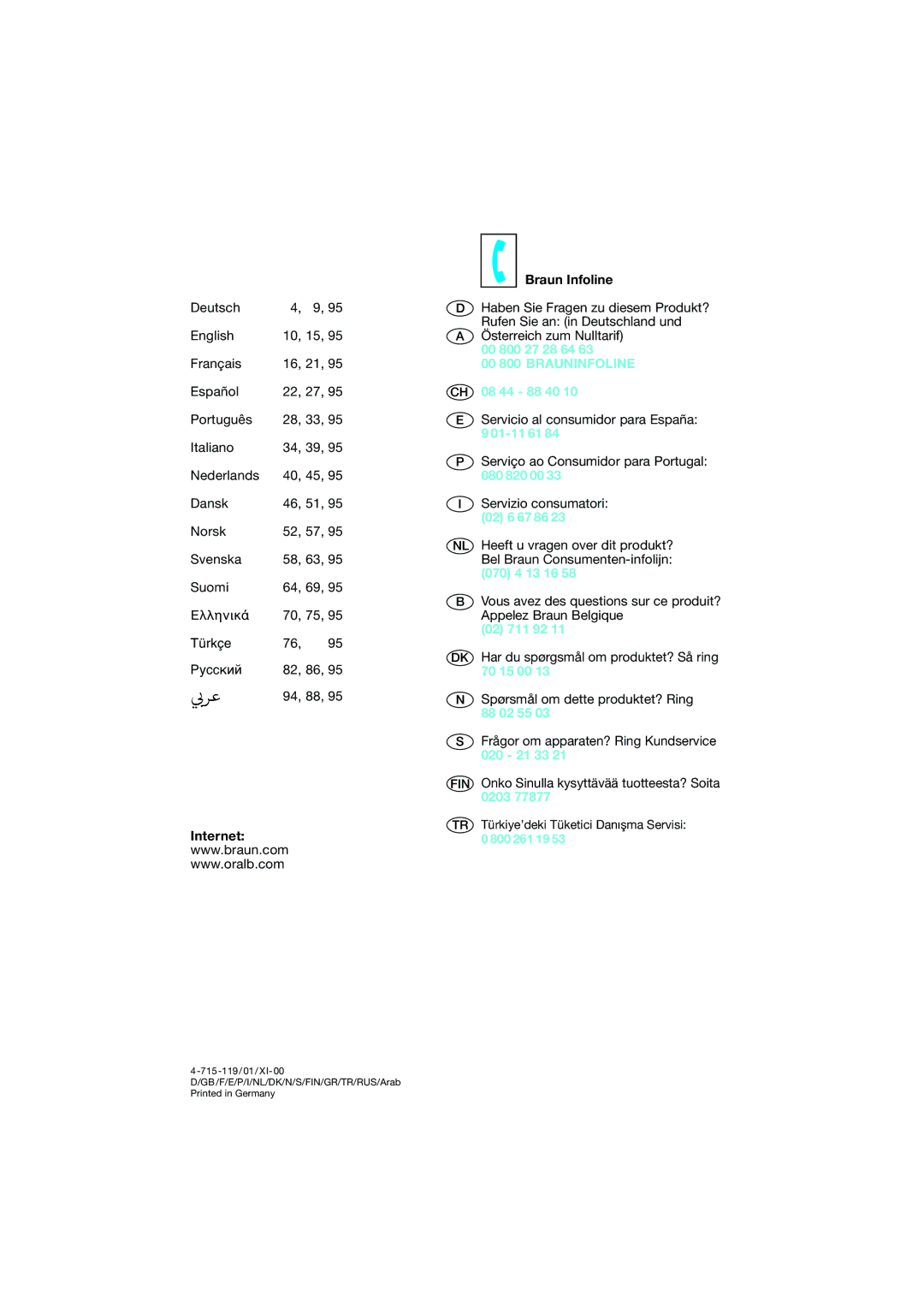 Braun OC15 545 X, OC15 525 manual Internet Braun Infoline, 00 800 Brauninfoline 