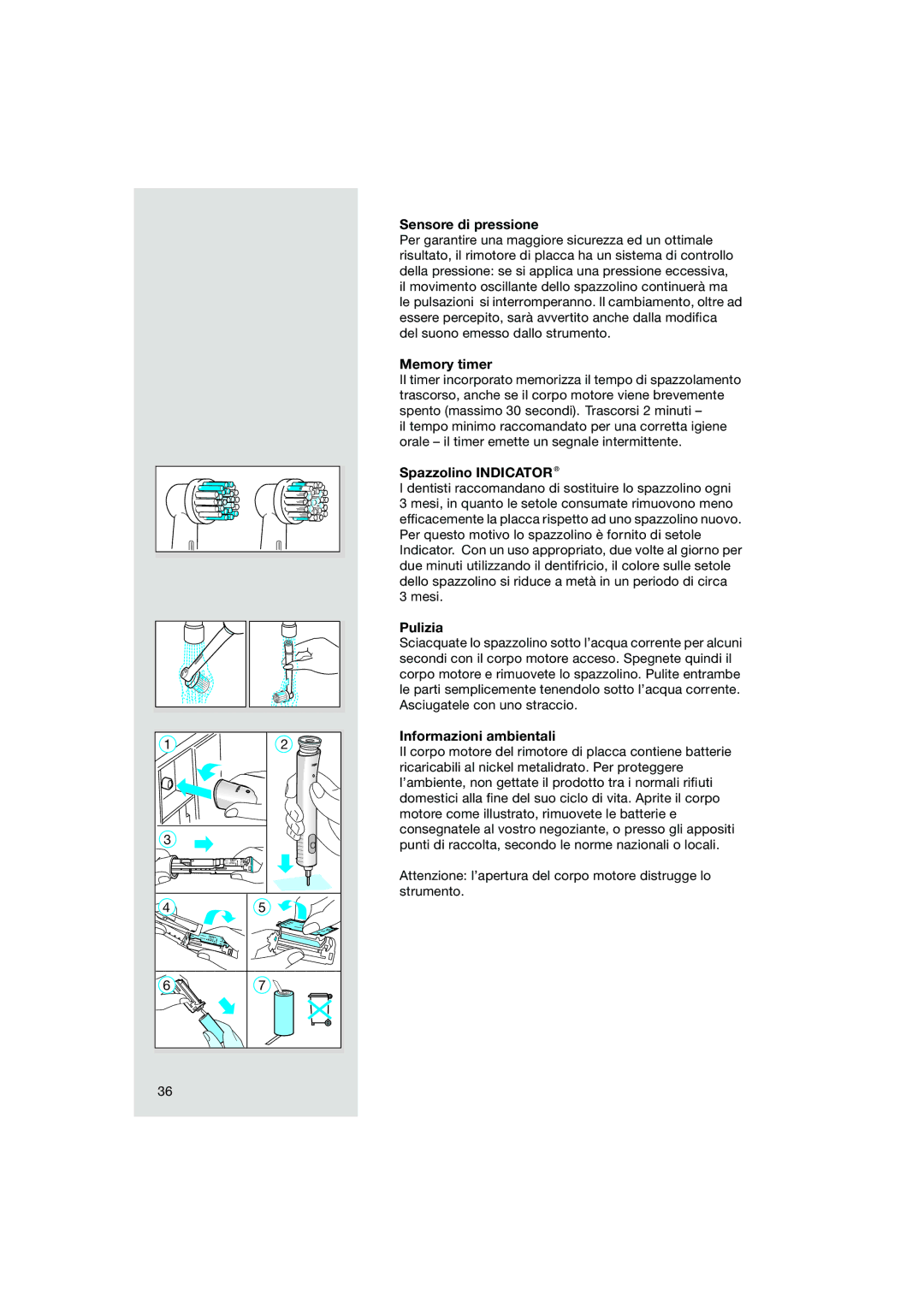 Braun OC15 545 X, OC15 525 manual Sensore di pressione, Memory timer, Spazzolino Indicator, Pulizia, Informazioni ambientali 